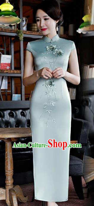 Chinese Traditional Tang Suit Embroidered Qipao Dress National Costume Light Blue Silk Mandarin Cheongsam for Women