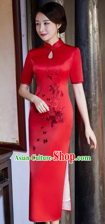 Chinese Traditional Tang Suit Embroidered Peony Qipao Dress National Costume Red Silk Mandarin Cheongsam for Women