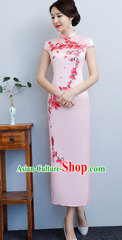 Chinese Traditional Tang Suit Printing Peach Blossom Qipao Dress National Costume Pink Silk Mandarin Cheongsam for Women