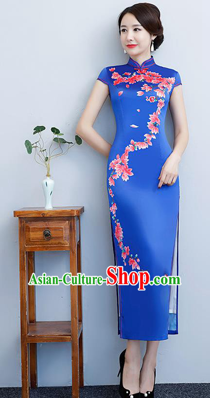 Chinese Traditional Tang Suit Printing Peach Blossom Qipao Dress National Costume Blue Silk Mandarin Cheongsam for Women