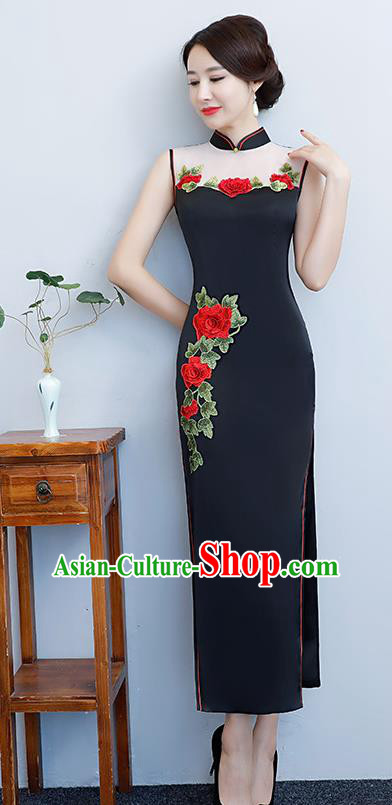 Chinese Traditional Tang Suit Embroidered Peony Qipao Dress National Costume Black Silk Mandarin Cheongsam for Women