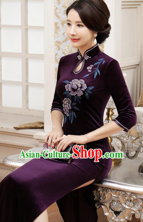 Chinese Traditional Tang Suit Purple Velvet Qipao Dress National Costume Retro Long Mandarin Cheongsam for Women