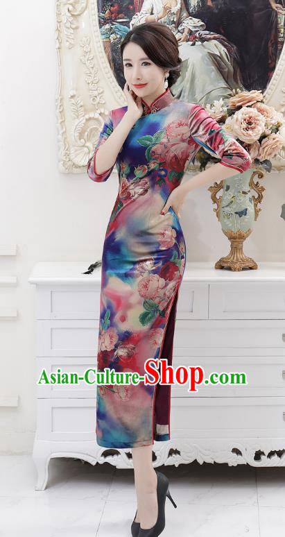 Chinese Traditional Tang Suit Qipao Dress National Costume Retro Printing Mandarin Cheongsam for Women