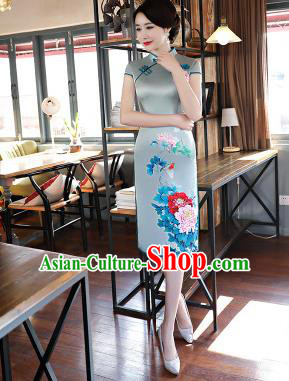 Chinese Traditional Printing Peony Mandarin Qipao Dress National Costume Tang Suit Blue Silk Cheongsam for Women