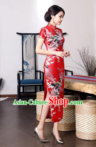 Chinese Traditional Printing Peacock Mandarin Qipao Dress National Costume Tang Suit Red Cheongsam for Women