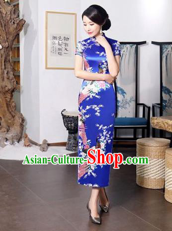 Chinese Traditional Printing Peacock Mandarin Qipao Dress National Costume Tang Suit Blue Cheongsam for Women