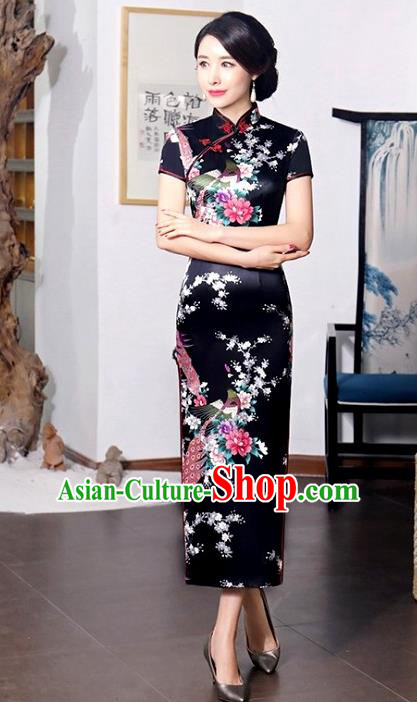 Chinese Traditional Printing Peacock Mandarin Qipao Dress National Costume Tang Suit Black Cheongsam for Women