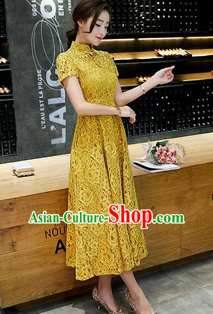 Chinese Traditional Yellow Lace Qipao Dress National Costume Tang Suit Mandarin Cheongsam for Women