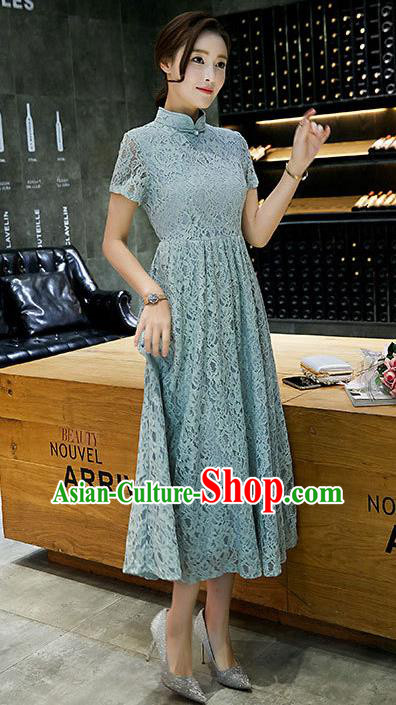 Chinese Traditional Green Lace Qipao Dress National Costume Tang Suit Mandarin Cheongsam for Women