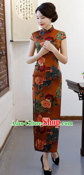 Chinese Traditional Printing Peony Qipao Dress National Costume Tang Suit Mandarin Cheongsam for Women
