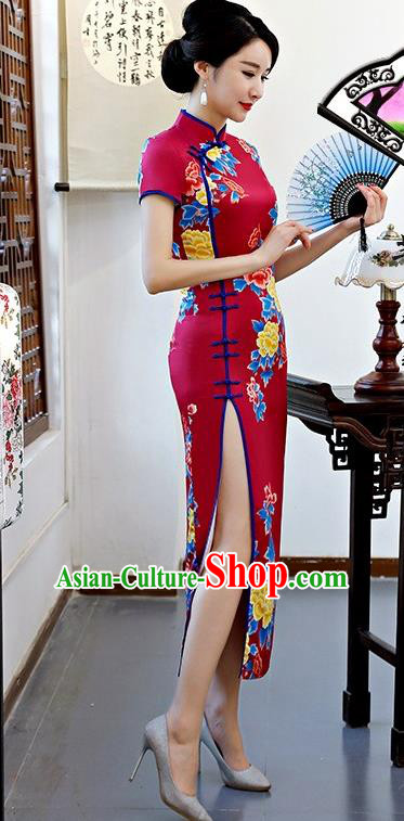 Chinese Traditional Tang Suit Wine Red Silk Qipao Dress National Costume Printing Peony Mandarin Cheongsam for Women