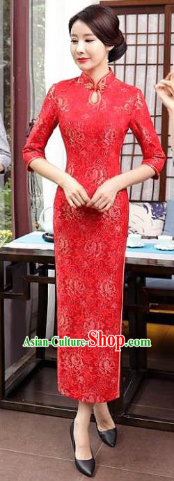 Chinese Traditional Tang Suit Qipao Dress National Costume Retro Red Mandarin Cheongsam for Women