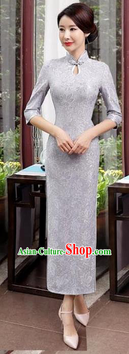 Chinese Traditional Tang Suit Qipao Dress National Costume Retro Grey Lace Mandarin Cheongsam for Women