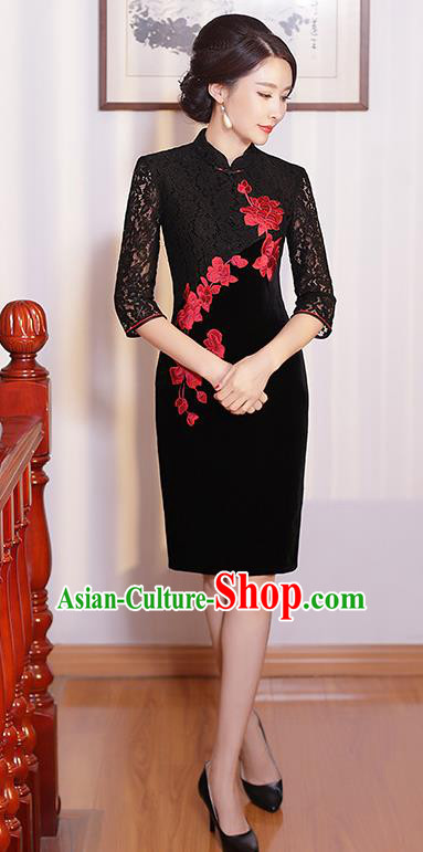 Chinese Traditional Tang Suit Embroidered Qipao Dress National Costume Retro Black Lace Mandarin Cheongsam for Women