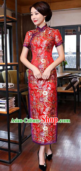 Chinese Traditional Tang Suit Red Brocade Qipao Dress National Costume Mandarin Cheongsam for Women