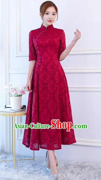 Top Grade Chinese Traditional Wine Red Lace Qipao Dress National Costume Tang Suit Mandarin Cheongsam for Women