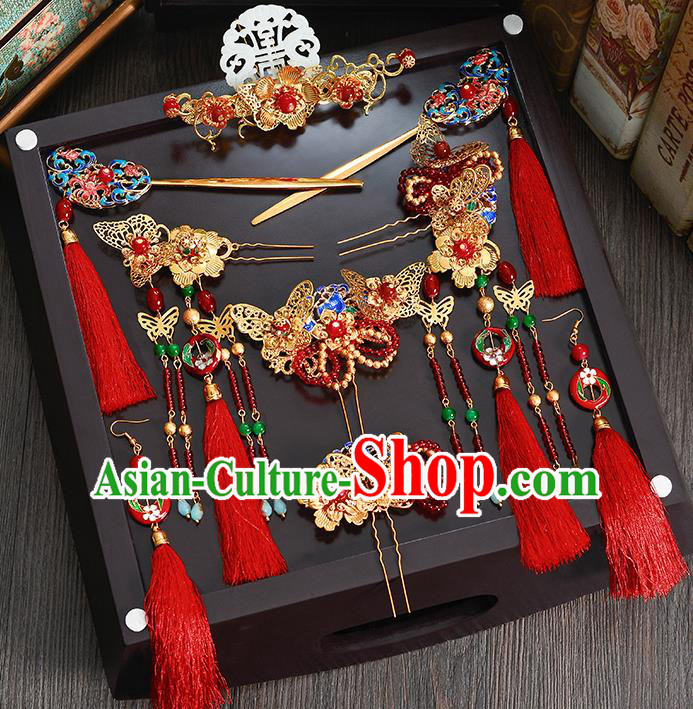 Traditional Chinese Ancient Bride Hair Accessories Xiuhe Suit Jade Phoenix Coronet Hairpins Complete Set for Women