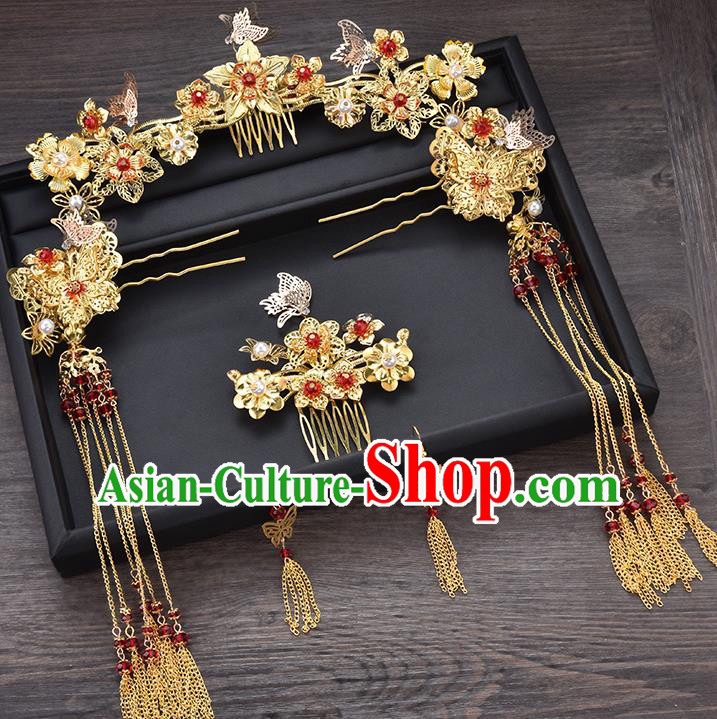 Traditional Chinese Ancient Bride Hair Accessories Xiuhe Suit Golden Flowers Tassel Step Shake Hairpins Complete Set for Women