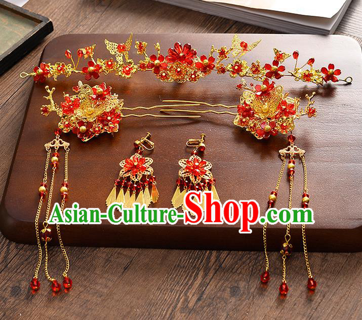 Traditional Chinese Ancient Hair Accessories Xiuhe Suit Bride Phoenix Coronet Red Crystal Hairpins Complete Set for Women