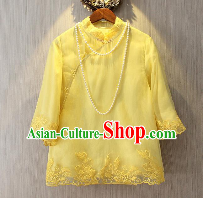 Chinese Traditional National Cheongsam Blouse Tangsuit Stand Collar Yellow Embroidered Shirts for Women