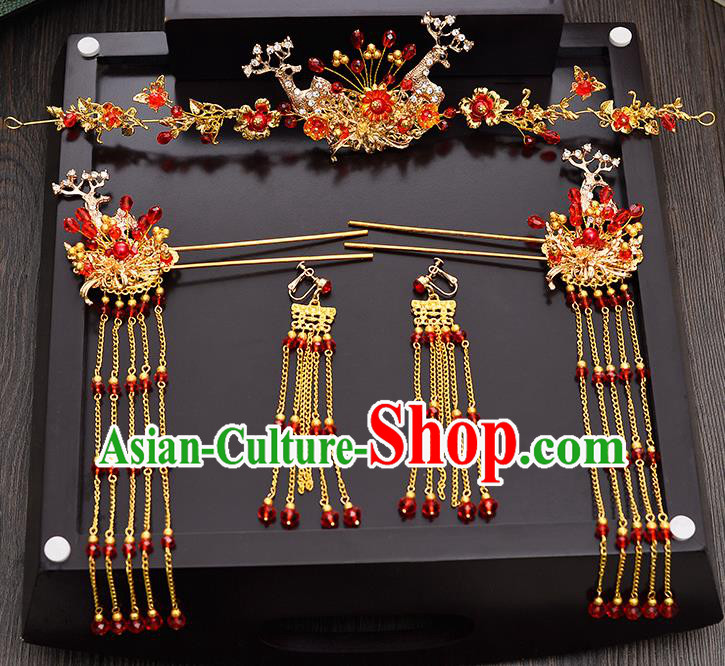 Traditional Chinese Ancient Bride Hair Accessories Xiuhe Suit Hairpins Red Beads Hair Clasp Complete Set for Women