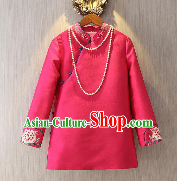 Chinese Traditional National Cheongsam Rosy Blouse Tangsuit Stand Collar Embroidered Shirts for Women