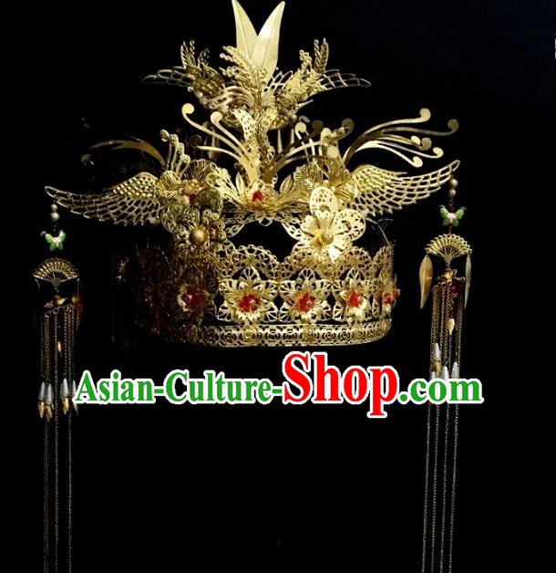 Traditional Chinese Ancient Wedding Hair Accessories Hairpins Golden Phoenix Coronet for Women