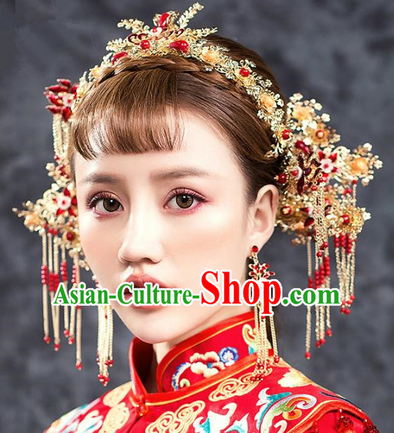 Traditional Chinese Ancient Bride Hair Accessories Xiuhe Suit Wedding Phoenix Coronet Hairpins Complete Set for Women