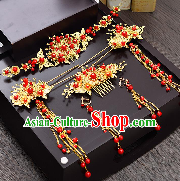 Traditional Chinese Ancient Bride Hair Accessories Xiuhe Suit Hairpins Red Beads Phoenix Coronet Complete Set for Women