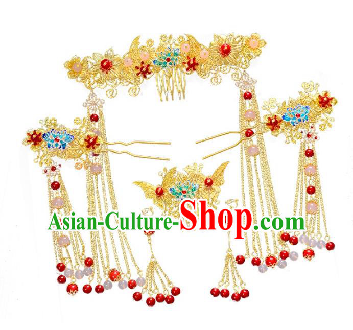 Traditional Chinese Ancient Bride Hair Accessories Xiuhe Suit Hairpins Blueing Lotus Hair Clasp Complete Set for Women