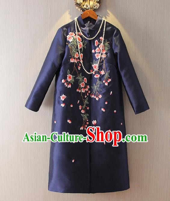 Chinese Traditional National Dust Coat Tangsuit Embroidered Navy Coats for Women