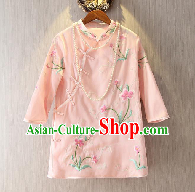 Chinese Traditional National Costume Cheongsam Blouse Tangsuit Embroidered Pink Qipao Shirts for Women