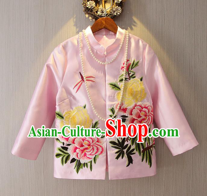 Chinese Traditional National Costume Pink Cheongsam Jacket Tangsuit Embroidered Upper Outer Garment for Women