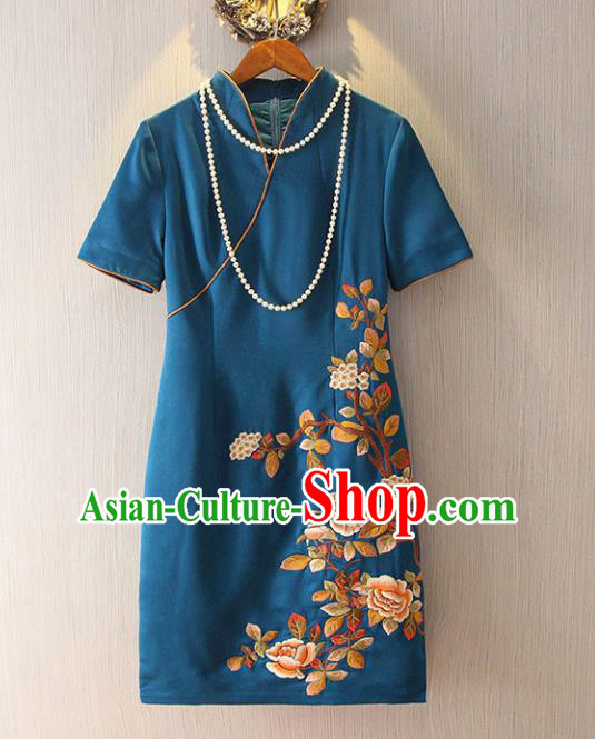 Chinese Traditional National Cheongsam Costume Embroidered Tangsuit Blue Dress for Women
