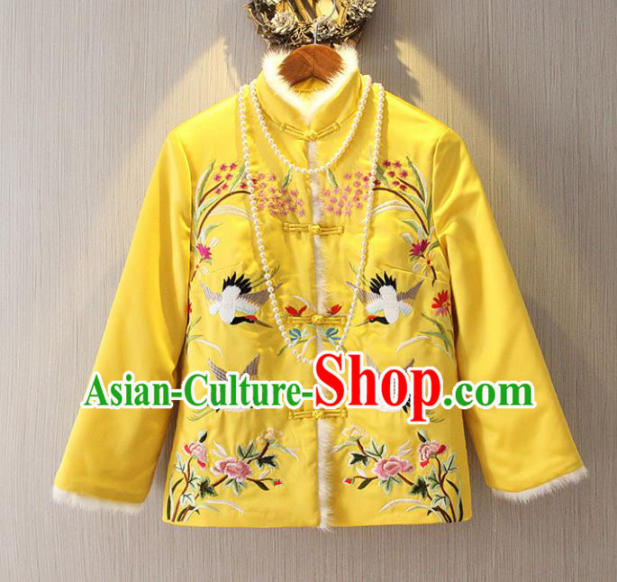 Chinese Traditional National Costume Cheongsam Cotton-padded Jacket Tangsuit Embroidered Yellow Coats for Women