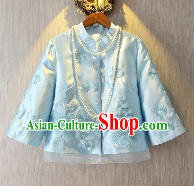 Chinese Traditional National Costume Cheongsam Coats Tangsuit Qipao Blue Jacket for Women