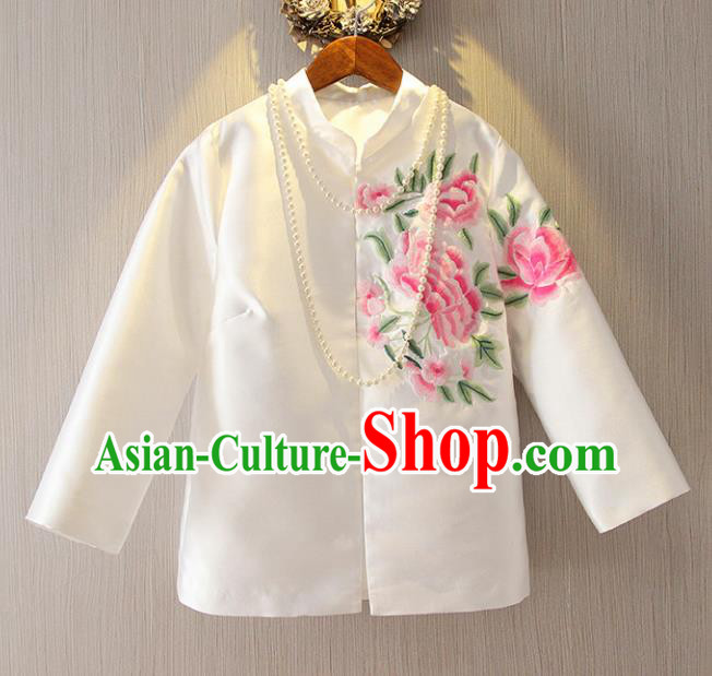Chinese Traditional National Cheongsam Upper Outer Garment Tangsuit Qipao Embroidered White Jacket for Women