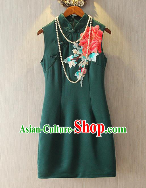 Chinese Traditional National Cheongsam Dress Tangsuit Embroidered Green Qipao for Women