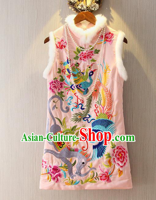 Chinese Traditional National Cheongsam Pink Dress Tangsuit Embroidered Qipao for Women
