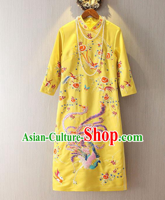 Chinese Traditional National Cheongsam Dress Tangsuit Embroidered Phoenix Yellow Qipao for Women