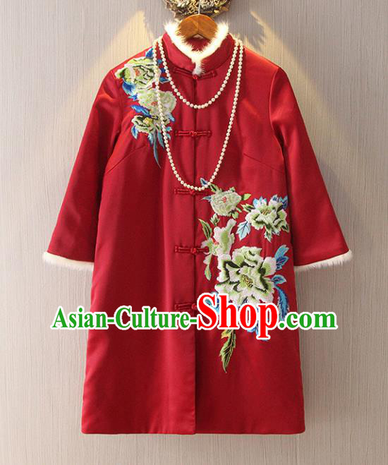 Chinese Traditional National Costume Tangsuit Embroidered Red Cotton-padded Jacket for Women