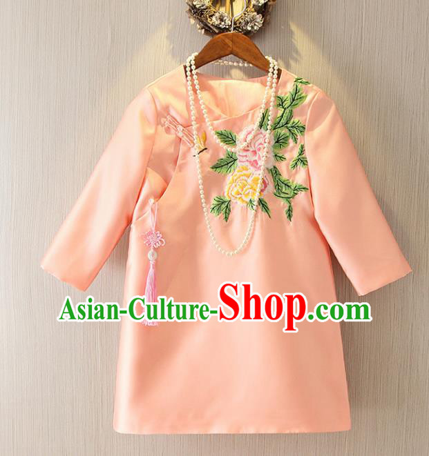Chinese Traditional National Costume Cheongsam Pink Shirts Tangsuit Embroidered Qipao Blouse for Women