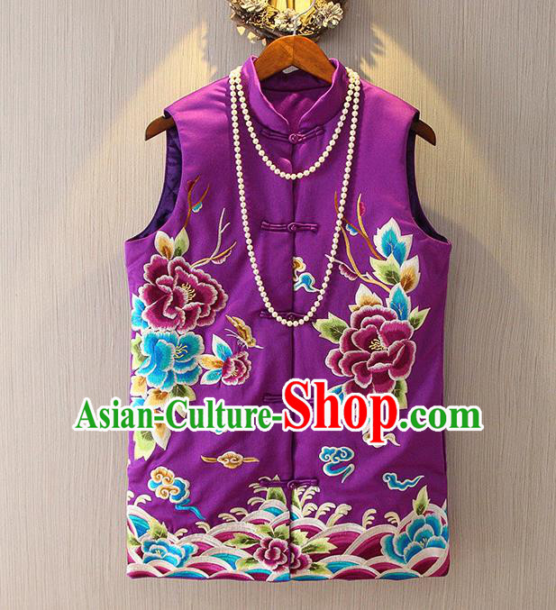 Chinese Traditional National Cheongsam Purple Vest Tangsuit Embroidered Peony Waistcoat for Women