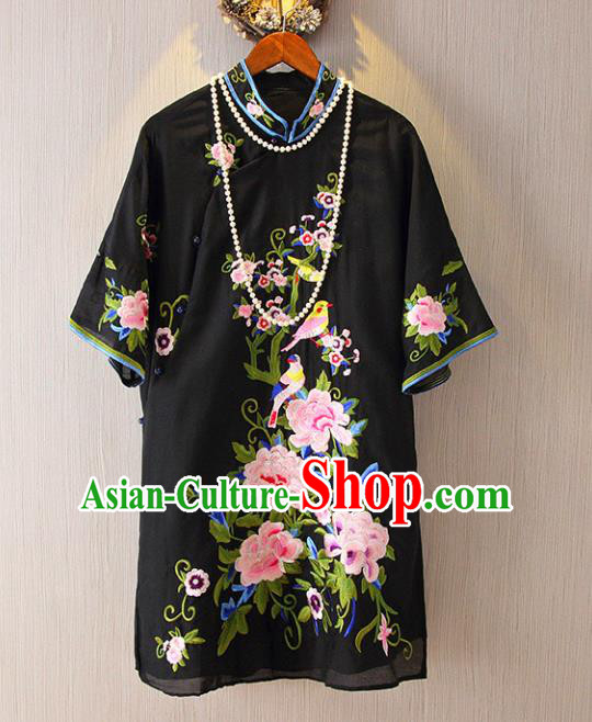 Chinese Traditional National Costume Black Cheongsam Blouse Tangsuit Embroidered Peony Shirts for Women