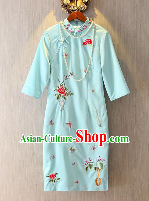 Chinese Traditional National Costume Tangsuit Embroidered Blue Cheongsam Dress for Women