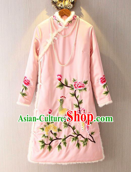 Chinese Traditional National Costume Pink Qipao Tangsuit Embroidered Cheongsam Dress for Women