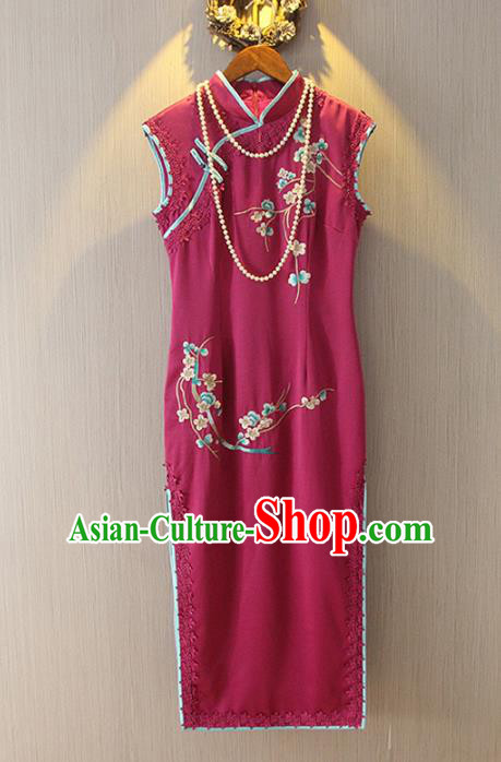 Chinese Traditional National Costume Red Qipao Tangsuit Embroidered Cheongsam Dress for Women