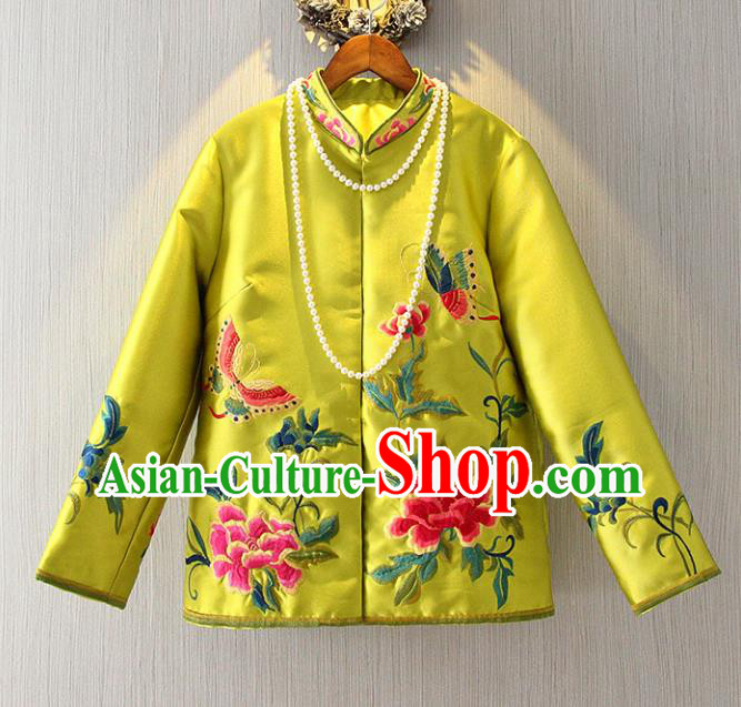 Chinese Traditional National Costume Stand Collar Cheongsam Blouse Tangsuit Embroidered Yellow Shirts for Women
