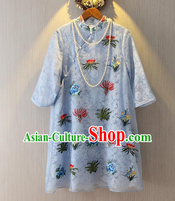 Chinese Traditional National Costume Embroidered Cheongsam Tangsuit Blue Lace Qipao Dress for Women