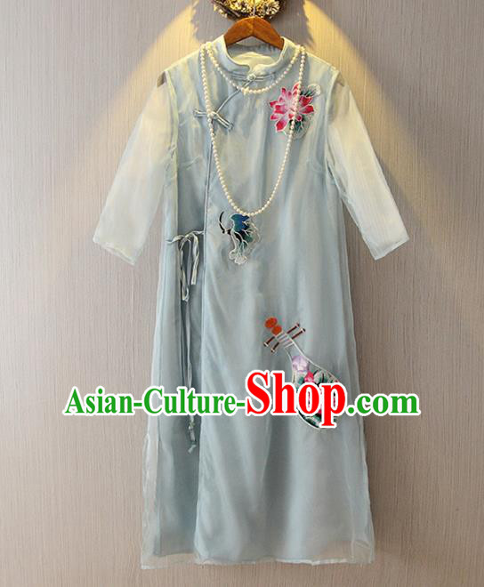 Chinese Traditional National Costume Embroidered Light Blue Cheongsam Tangsuit Qipao Dress for Women